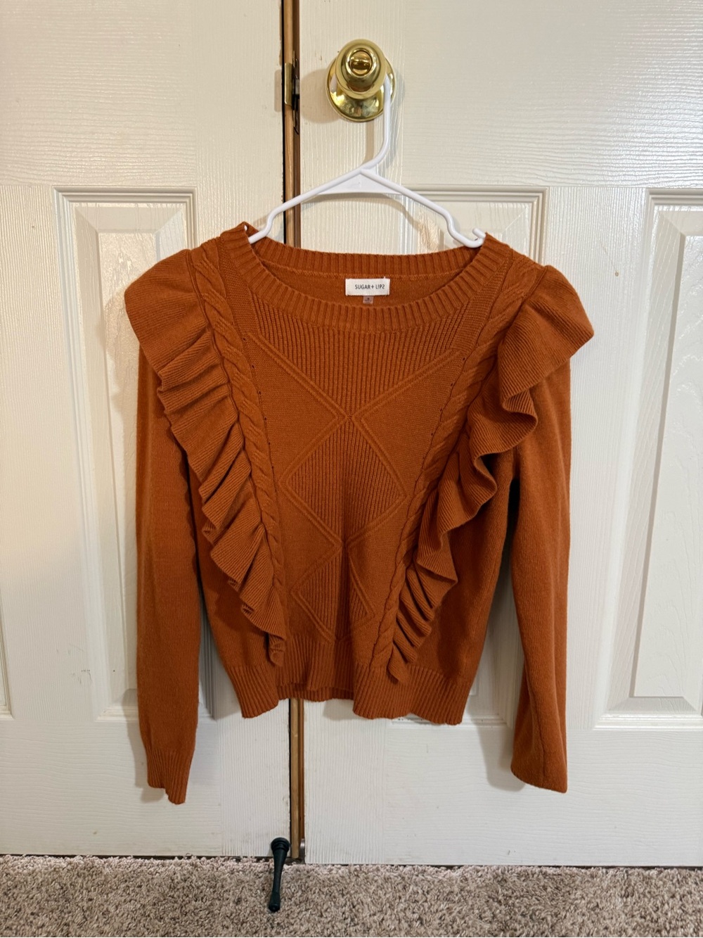 Sugar + Lips Rust Ruffle Cable Knit Sweater Small